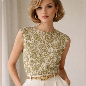 BONWIT TELLER Vintage [1960] Linen Burlap Filigree Blouse | S